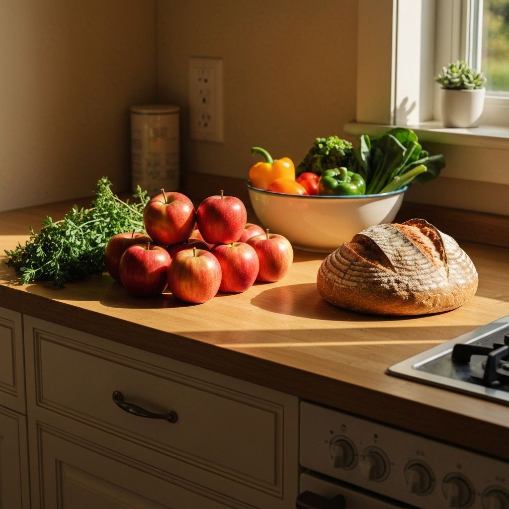 Alimentos frescos na cozinha quotidiana